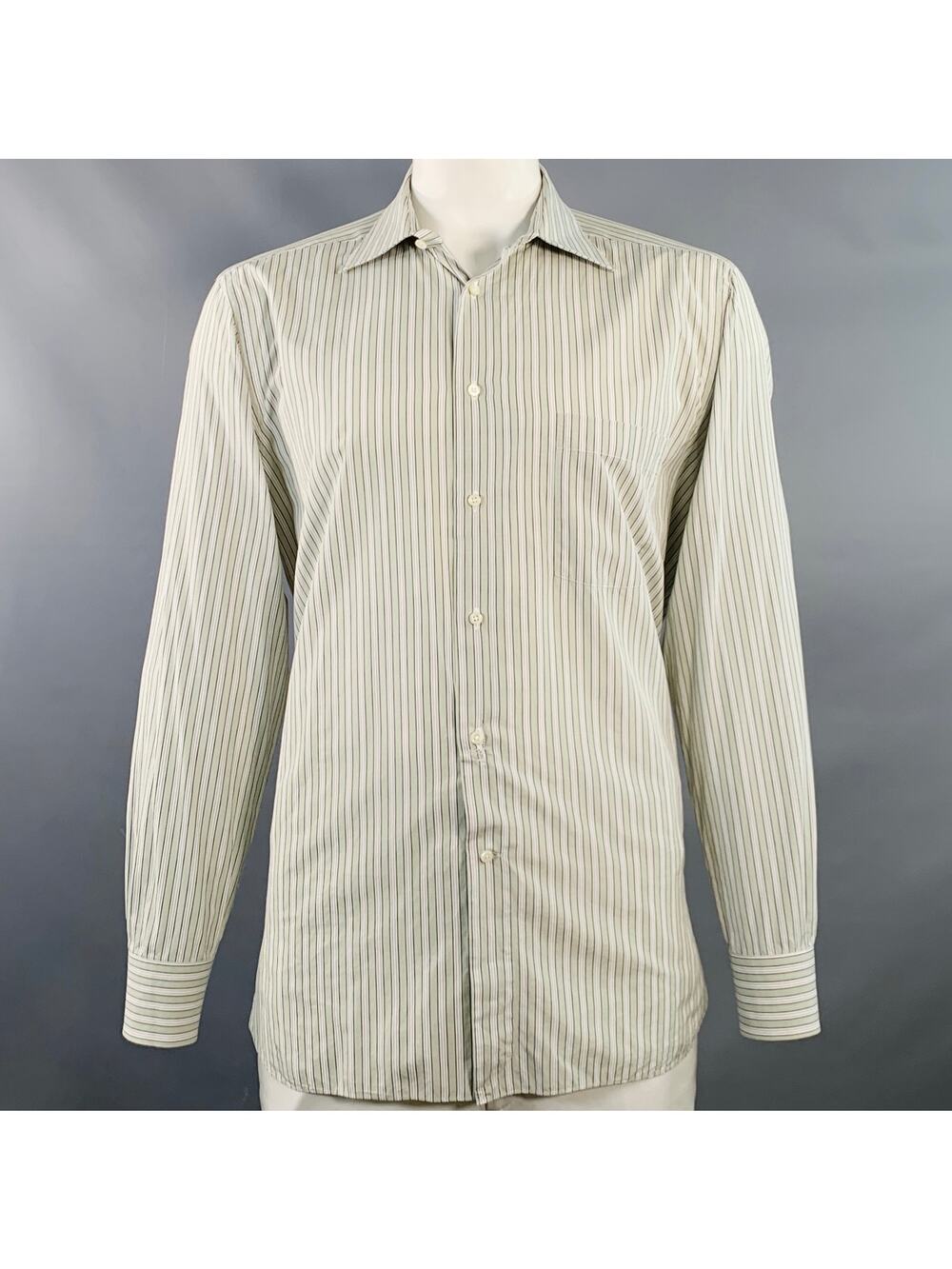 ERMENEGILDO ZEGNA Size XL Green Brown White Stripe Cotton Long Sleeve Shirt